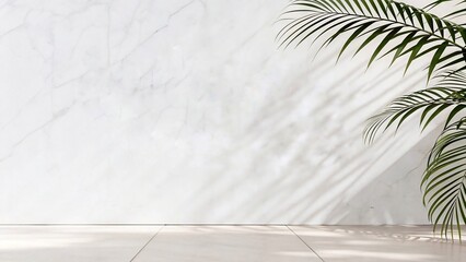 Minimalist white marble wall background with elegant palm leaf shadows for product display.