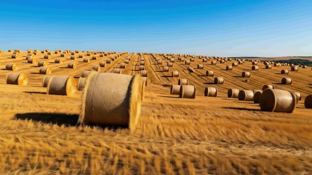 Golden hay bales in harvested field under clear blue sky in summertime landscape.  Agriculture and countryside farming concept.