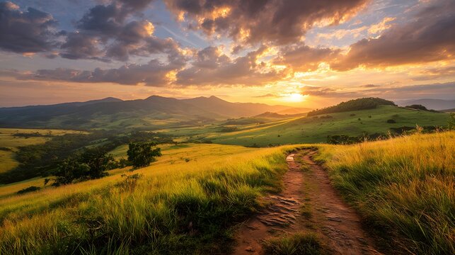 Dirt path winds through rolling grassy hills under a dramatic sunset sky