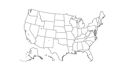 Fototapeta premium Black and white outline map of the United States with state borders, including Alaska and Hawaii, ideal for educational or design projects.