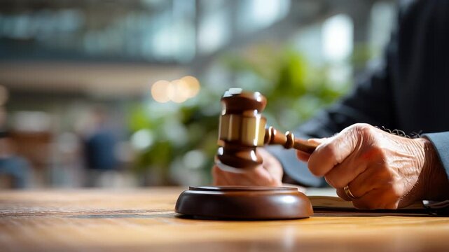 Judge gavel hand striking wooden block courtroom scene conveying justice law and authority with focused hand and blurred