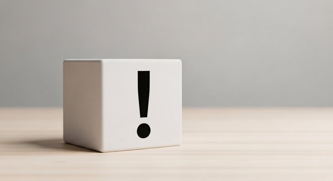 Minimal white cube with bold exclamation mark symbol on desk, alert warning icon, attention concept.