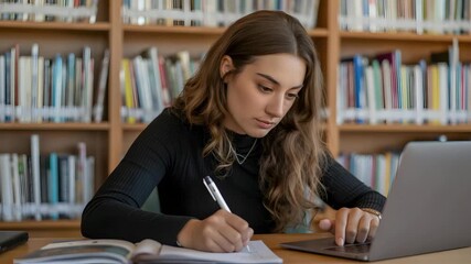 Focused student researching and taking notes with laptop in library environment - Powered by Adobe