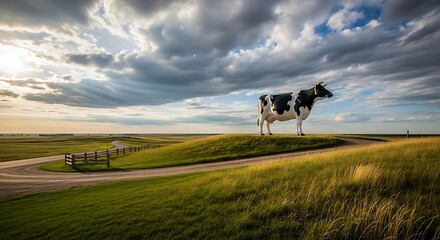 Cow standing on a grassy hill under a cloudy sky.