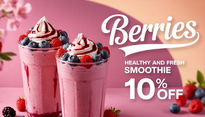 Berry smoothie promotion with fresh fruit and delicious whipped topping