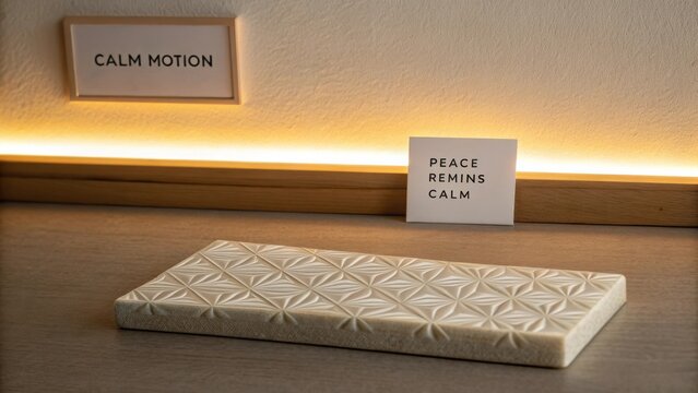 Minimalistic tabletop arrangement featuring calming messages and textured decorative piece in serene indoor setting