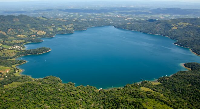 Aerial view of a large, clear blue lake surrounded by lush green hills and forests.