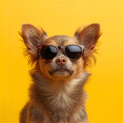 Chihuahua wearing sunglasses and looking cool against a vibrant yellow background
