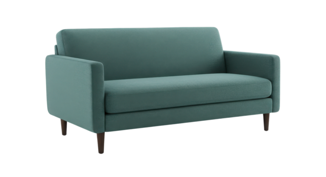 Modern teal fabric loveseat sofa furniture for interior design and e-commerce display isolated PNG with Transparent Background