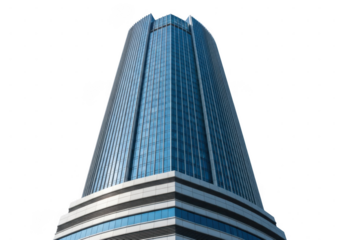 Modern glass skyscraper with sleek blue reflective windows isolated on transparent background