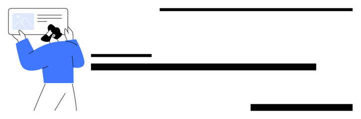 Character holding a document with text and image, emphasizing simplicity. Ideal for education, business, training, creativity, organization, communication information design. Simple flat metaphor