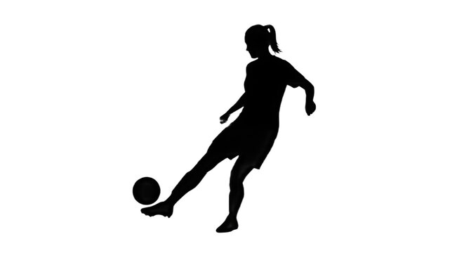 Silhouette of a female soccer player kicking a ball on a white background in a dynamic pose