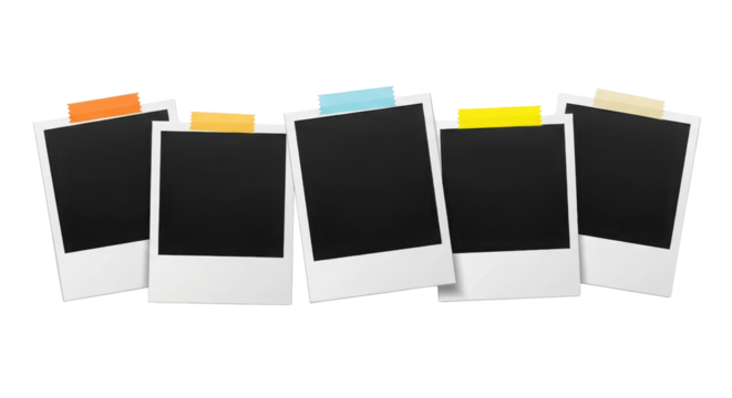 Group of five empty instant camera film frames secured with colorful tape isolated PNG with Transparent Background