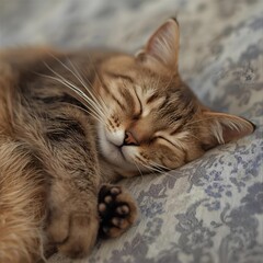 Cute sleeping cat curled up on a soft patterned blanket, peaceful and relaxed feline dreams