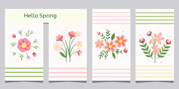 Collection of four vertical spring greeting cards featuring delicate pink and red flowers and green leaves