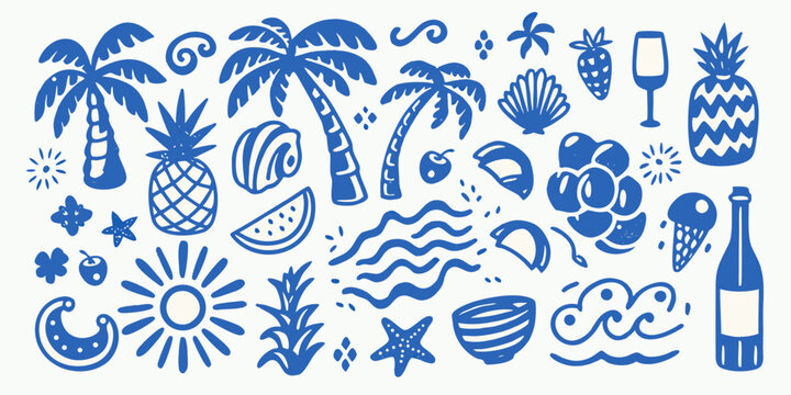 Collection of blue hand drawn summer vacation icons and symbols on a white background