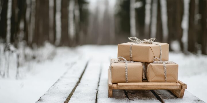 serene winter scene featuring neatly wrapped packages on a wooden bench, surrounded by snow-covered trees in a tranquil forest setting.