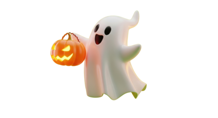 Cute 3D rendering of a happy ghost character holding a glowing jack-o'-lantern pumpkin isolated PNG with Transparent Background