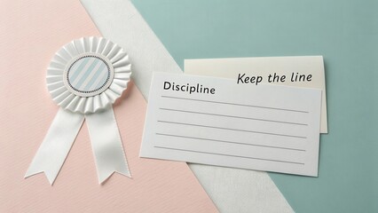 Award ribbon with notes on discipline and focus, emphasizing motivation and achievement in personal and professional development