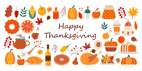 Happy thanksgiving illustration with festive autumn harvest food and fall leaves