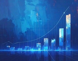 Digitized growth chart rising with city-like columns against a blue backdrop