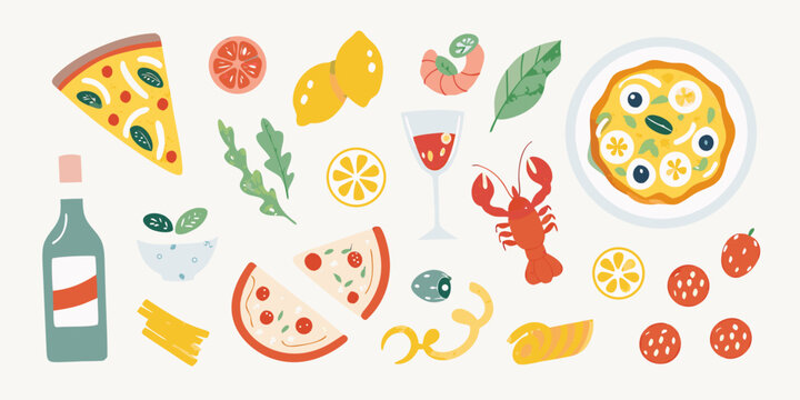 A vibrant collection of italian food and drink elements including pizza pasta seafood wine and fresh ingredients