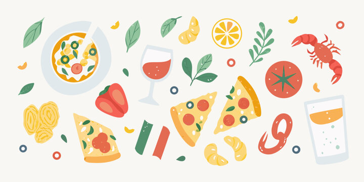 A delightful collection of italian food and drink elements including pizza pasta wine and seafood arranged playfully