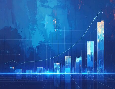Digitized growth chart rising with city-like columns against a blue backdrop