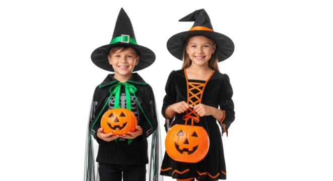 Smiling siblings wearing spooky witch costumes and hats ready for trick-or-treating fun isolated PNG with Transparent Background