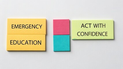 Colorful sticky notes on a white surface with messages about emergency education and confidence building techniques