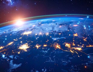 Earth at dawn, with city lights, constellations, and a digital network overlay