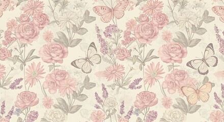 Elegant Floral Butterfly Pattern - Vintage Botanical Design.