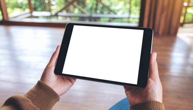 Close-up of hands holding a modern digital tablet with a clean, blank white screen, offering a perfect canvas for content, apps, or design mockups in a comfortable indoor environment