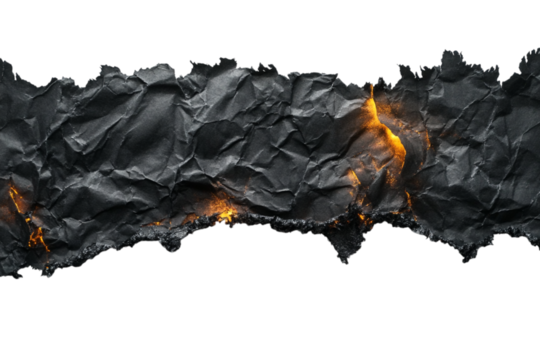 Burning crumpled black paper texture with glowing fiery embers