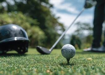 Golf ball on tee in a grassy field.  Person's legs in background