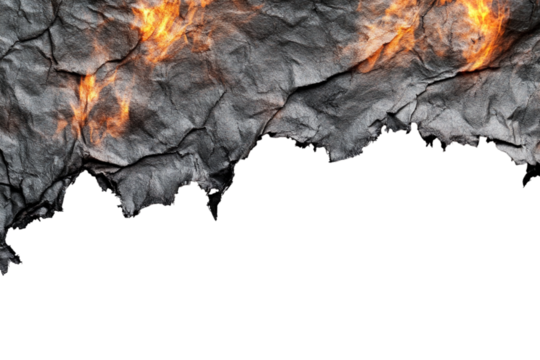 Burning charred paper texture with vibrant flames on top edge