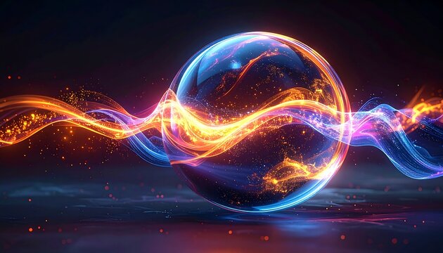 Glowing sphere with energy waves on dark, reflective background - Powered by Adobe