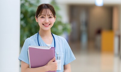young Japanese nurse with smile, has files