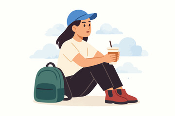Cartoon Character girl Sitting with Drink and Backpack – Outdoor Mood