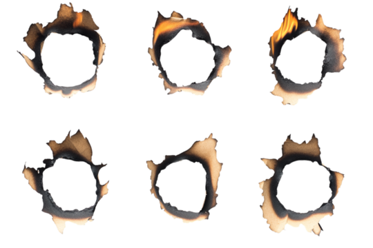 Set of six burnt holes with charred edges and subtle flames