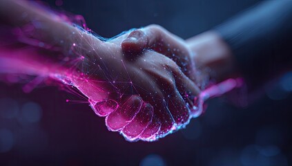 A digital handshake. Two hands clasp in a close-up, rendered with glowing lines and nodes
