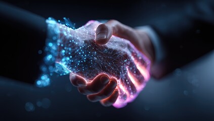 Symbolic rendering depicts an illuminated handshake, merging digital with tangible, connecting ideas