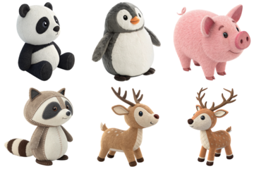Plush animal toy collection featuring panda penguin pig raccoon deer stag in soft fabric with cute expression and warm playful mood