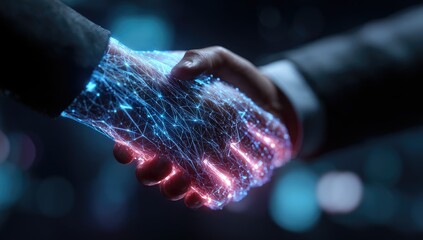 Digital handshakes merge, glowing blue and red lines symbolizing technology and partnership