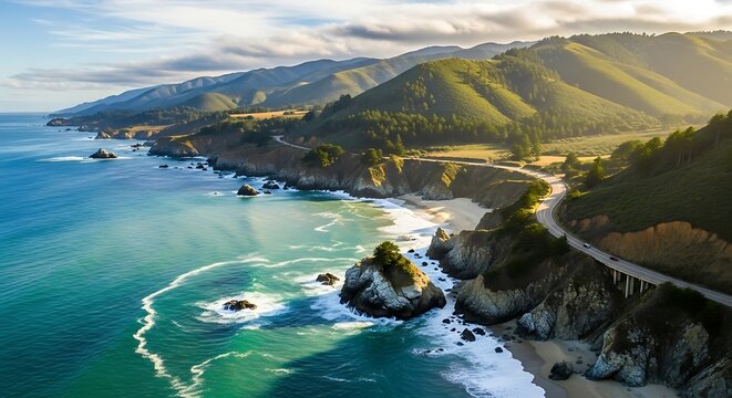 Coastal Highway Serenity - Breathtaking View of Ocean and Mountains.