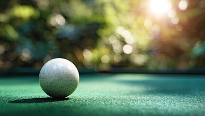 A close-up of a pristine white billiard ball on a green felt surface, set against a blurred background