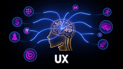 Human brain with glowing connections and icons representing UX design concepts Keywords: brain, mind, head, human, profile, silhouette, thought, idea, concept, connection, network, glowing, blue - Powered by Adobe