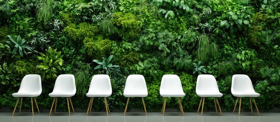 White chairs with wooden legs arranged in a row against a vibrant, green wall of lush foliage
