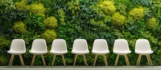 A row of white chairs with wooden legs sits in front of a living wall with various shades of green