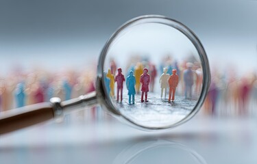 Miniature colorful people under magnifying glass, highlighting a select group from a blurred background